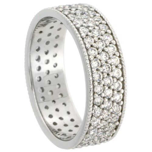 Sterling Silver Micro Pave Cubic Zirconia 3-row Eternity Band Milgrain edge 1/4 inch wide, sizes 6 - 9