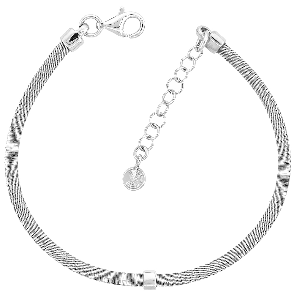 Sterling Silver Wire Bracelet Rhodium Finish 3/16 inch wide, 7 inch long + 1 inch extension