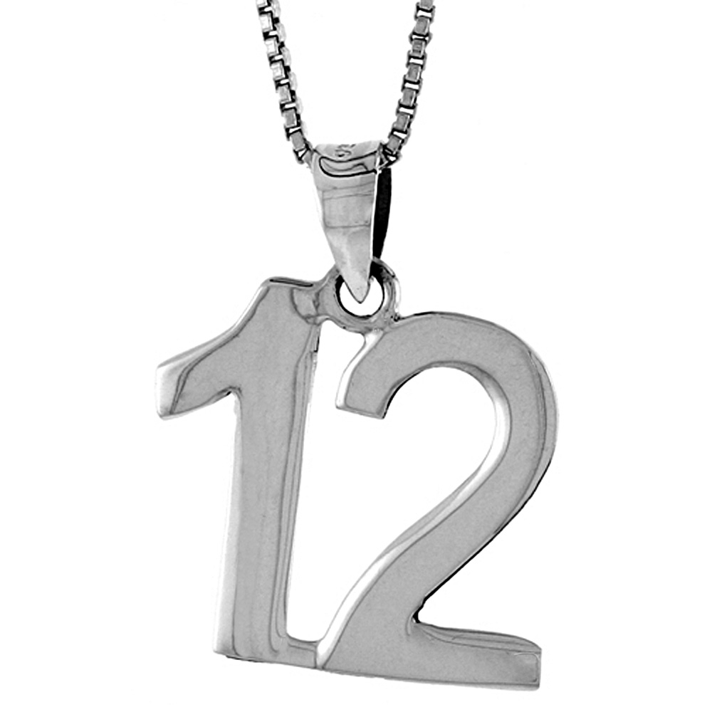 STERLING SILVER NUMBER 12 PENDANT FOR JERSEY NUMBERS & RECOVERY HIGH POLISH 3/4 INCH