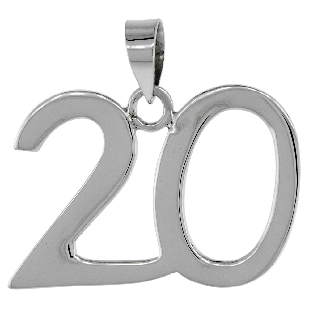 STERLING SILVER NUMBER 20 PENDANT FOR JERSEY NUMBERS & RECOVERY HIGH POLISH 3/4 INCH