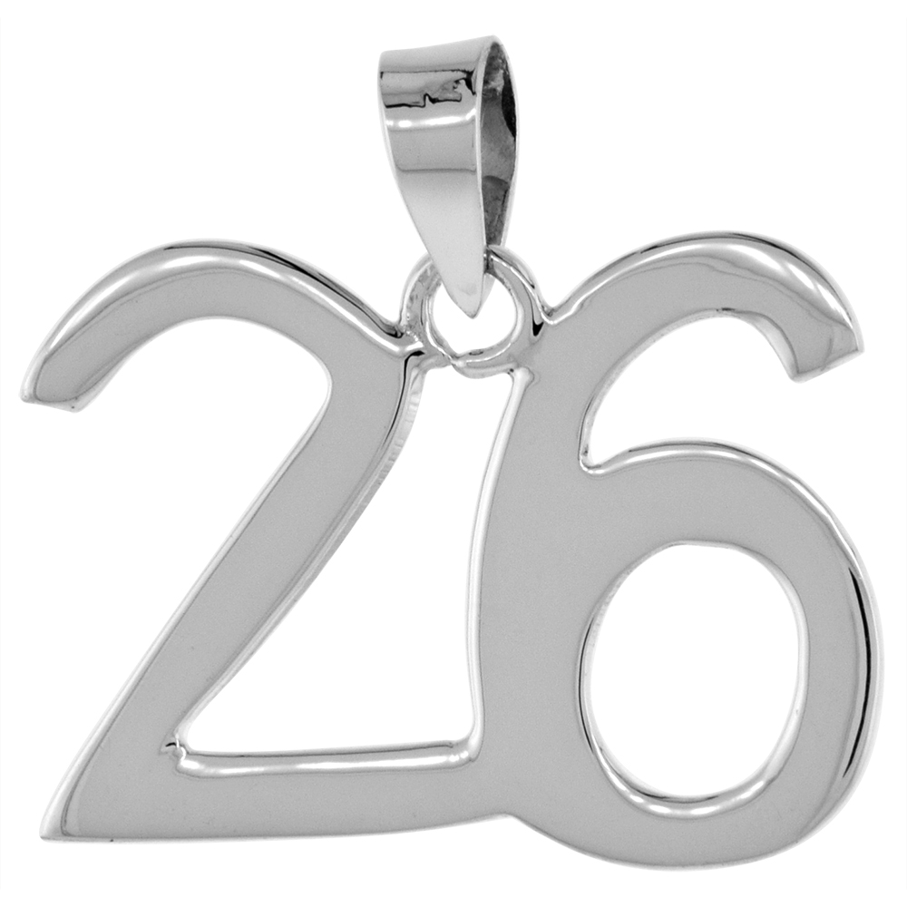 STERLING SILVER NUMBER 26 PENDANT FOR JERSEY NUMBERS & RECOVERY HIGH POLISH 3/4 INCH