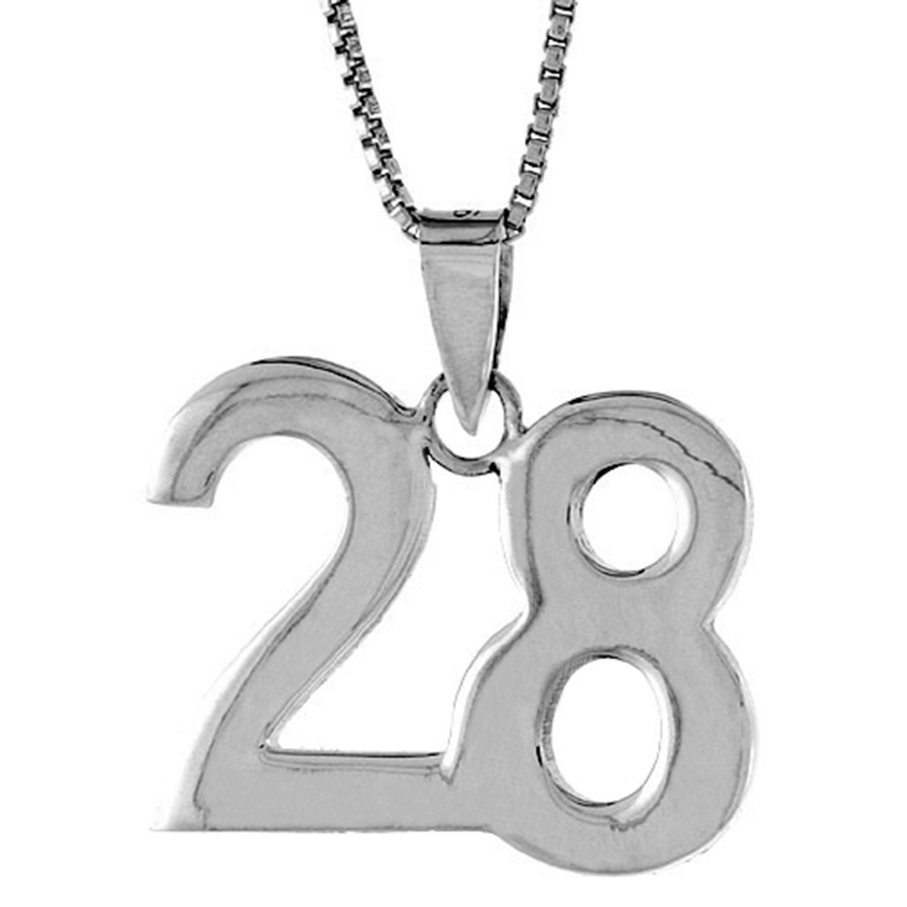 STERLING SILVER NUMBER 28 PENDANT FOR JERSEY NUMBERS & RECOVERY HIGH POLISH 3/4 INCH