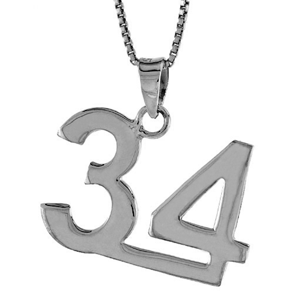 STERLING SILVER NUMBER 34 PENDANT FOR JERSEY NUMBERS & RECOVERY HIGH POLISH 3/4 INCH