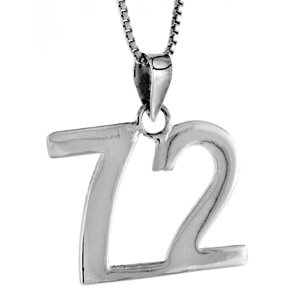 STERLING SILVER NUMBER 72 PENDANT FOR JERSEY NUMBERS & RECOVERY HIGH POLISH 3/4 INCH