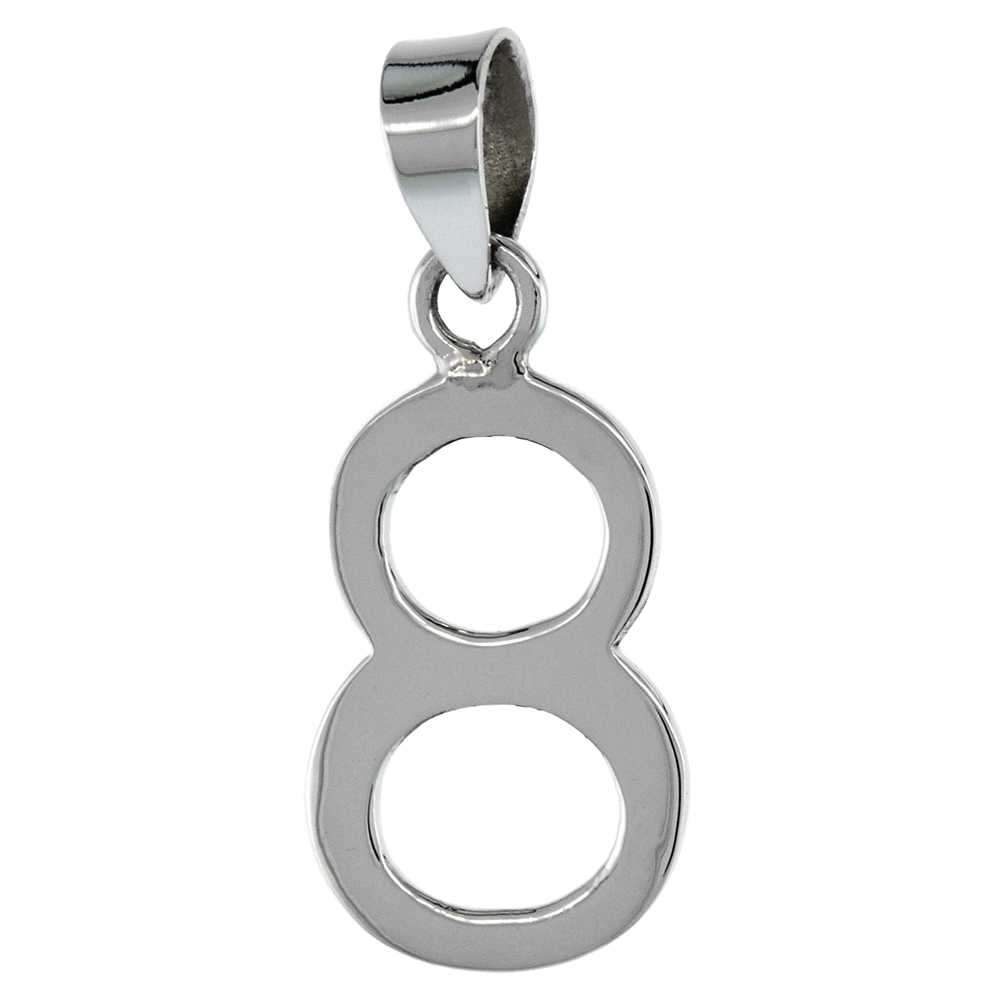 STERLING SILVER NUMBER 8 PENDANT FOR JERSEY NUMBERS & RECOVERY HIGH POLISH 3/4 INCH (NO CHAIN)