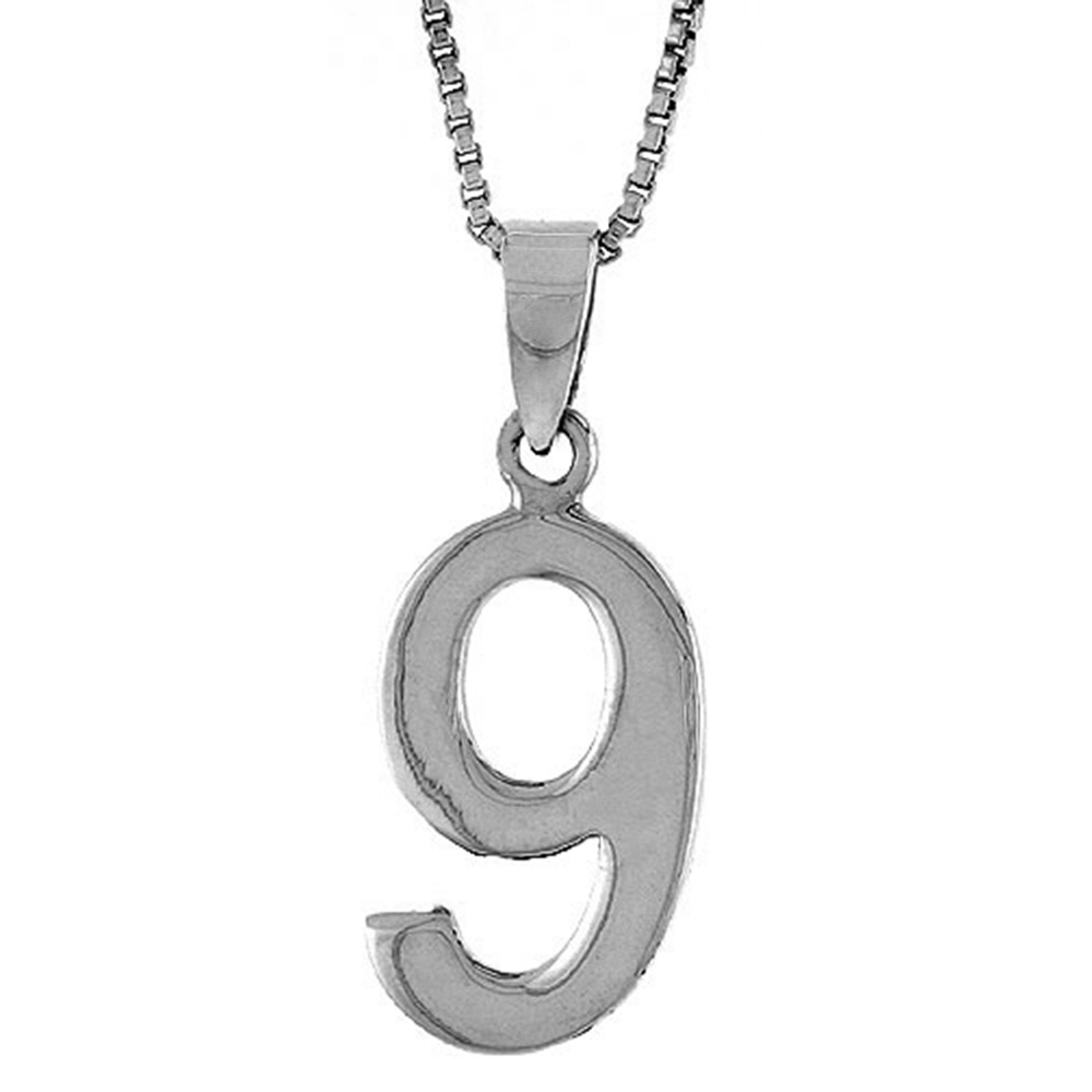 STERLING SILVER NUMBER 9 PENDANT FOR JERSEY NUMBERS & RECOVERY HIGH POLISH 3/4 INCH (NO CHAIN)