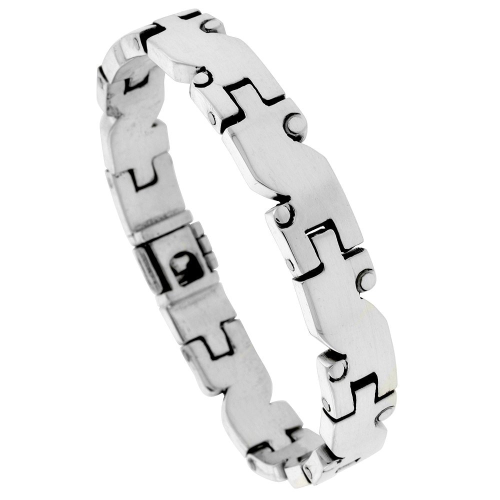 STERLING SILVER GENTS S-SHAPED LINK BRACELET HANDMADE 3/8 INCH WIDE, SIZES 7.5, 8 AND 8.5 INCH