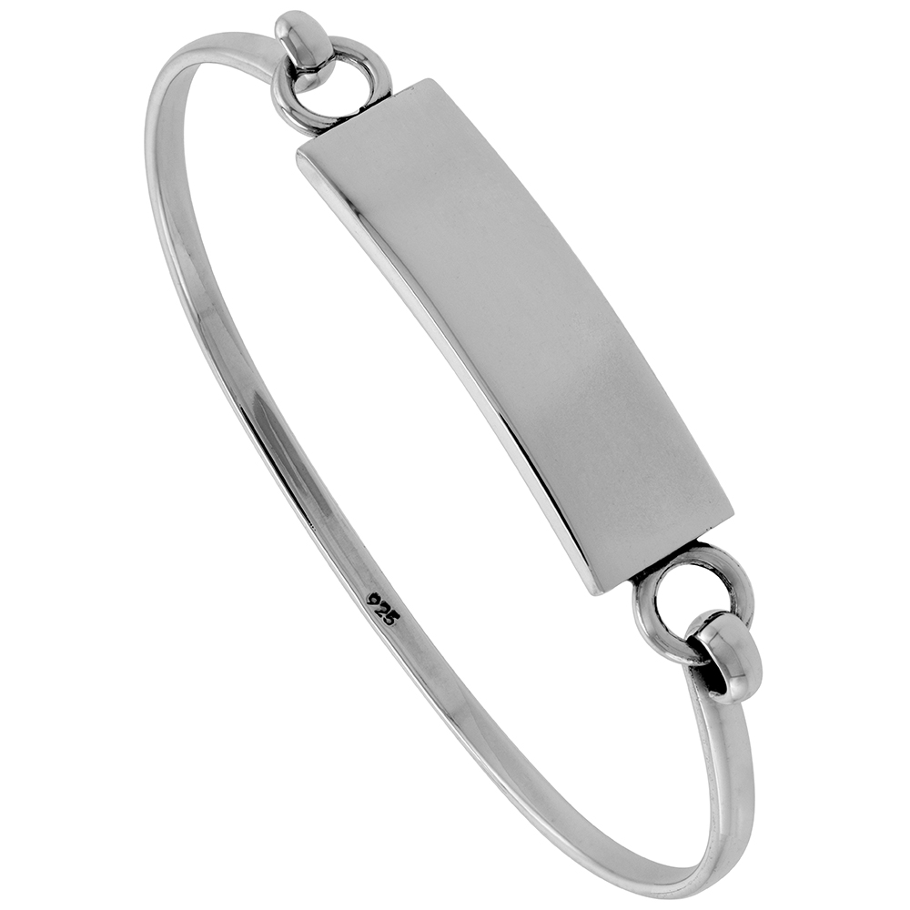 STERLING SILVER BANGLE BRACELET SQUARE ID TAG HOOK AND EYE CLASP HANDMADE 3/8 INCH