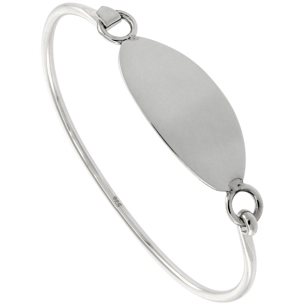 STERLING SILVER BANGLE BRACELET, OVAL ID TAG HOOK AND EYE CLASP HANDMADE 5/8 INCH