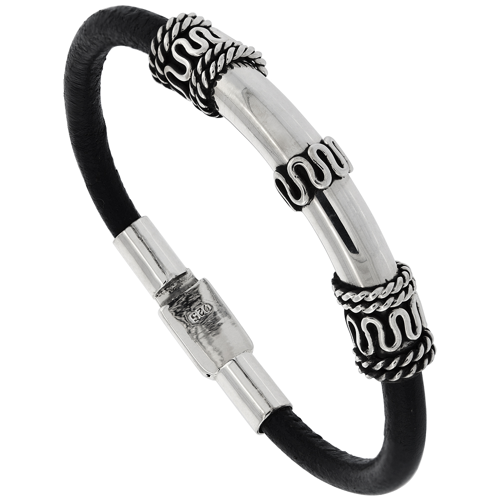 STERLING SILVER & LEATHER SOFT BRACELET FOR HIM AND HER HANDMADE 8 INCH