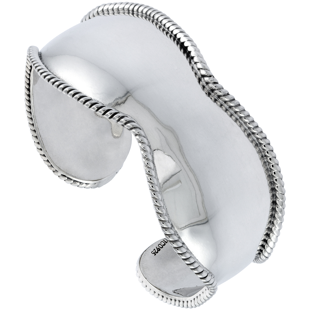 STERLING SILVER CUFF BRACELET DOMED HOURGLASS ROPE EDGE HANDMADE 7.25 INCH