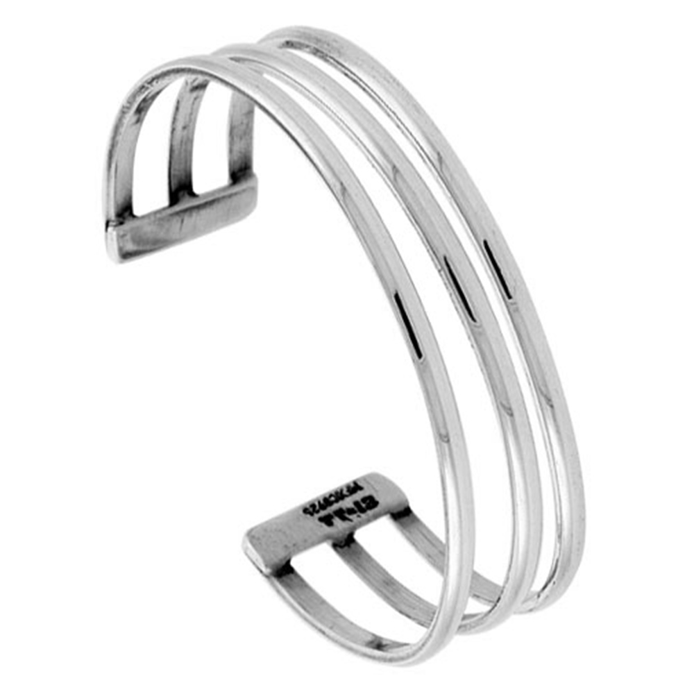 STERLING SILVER CUFF BRACELET HIGH POLISHED TRIPLE WIRE HANDMADE 7.25 INCH