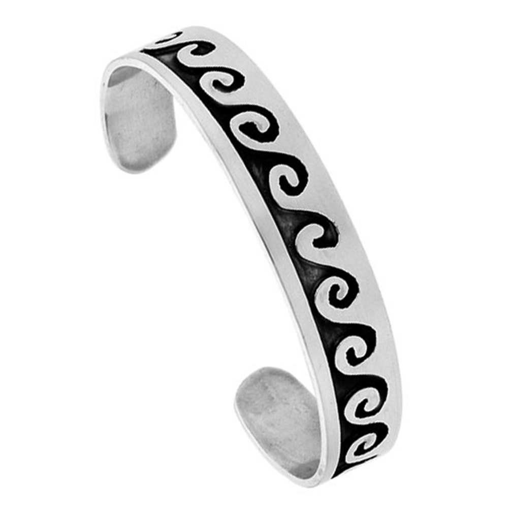 STERLING SILVER CUFF BRACELET HIGH POLISHED WAVE PATTERN 1/2 INCH WIDE.