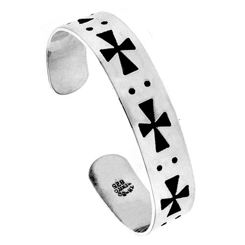 STERLING SILVER CUFF BRACELET MALTESE CROSS PATTERN HANDMADE 7.25 INCH