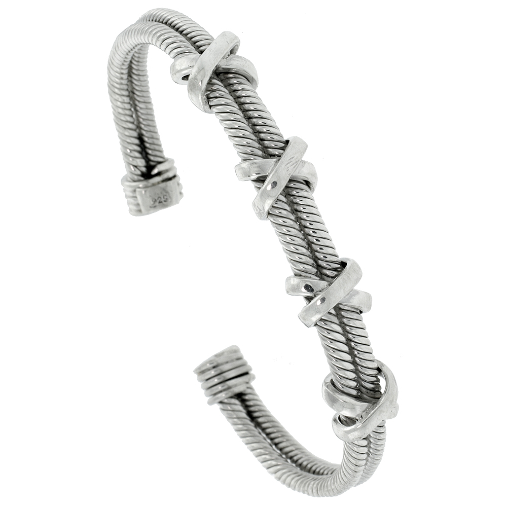 STERLING SILVER CABLE CUFF BRACELET WIRE WRAPPED 4 X MOTIFS HANDMADE 7.25 INCH