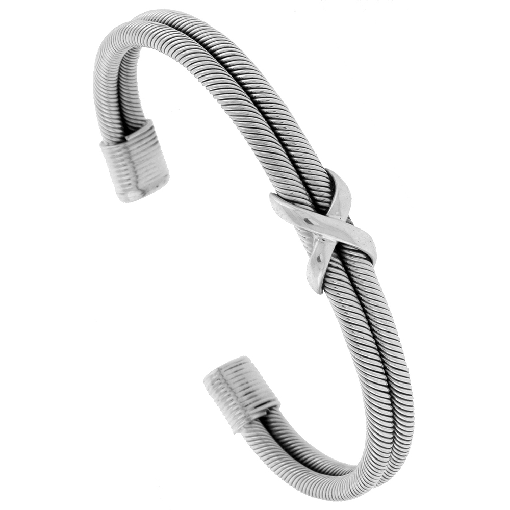 STERLING SILVER CABLE CUFF BRACELET WIRE WRAPPED X MOTIF HANDMADE 7.25 INCH
