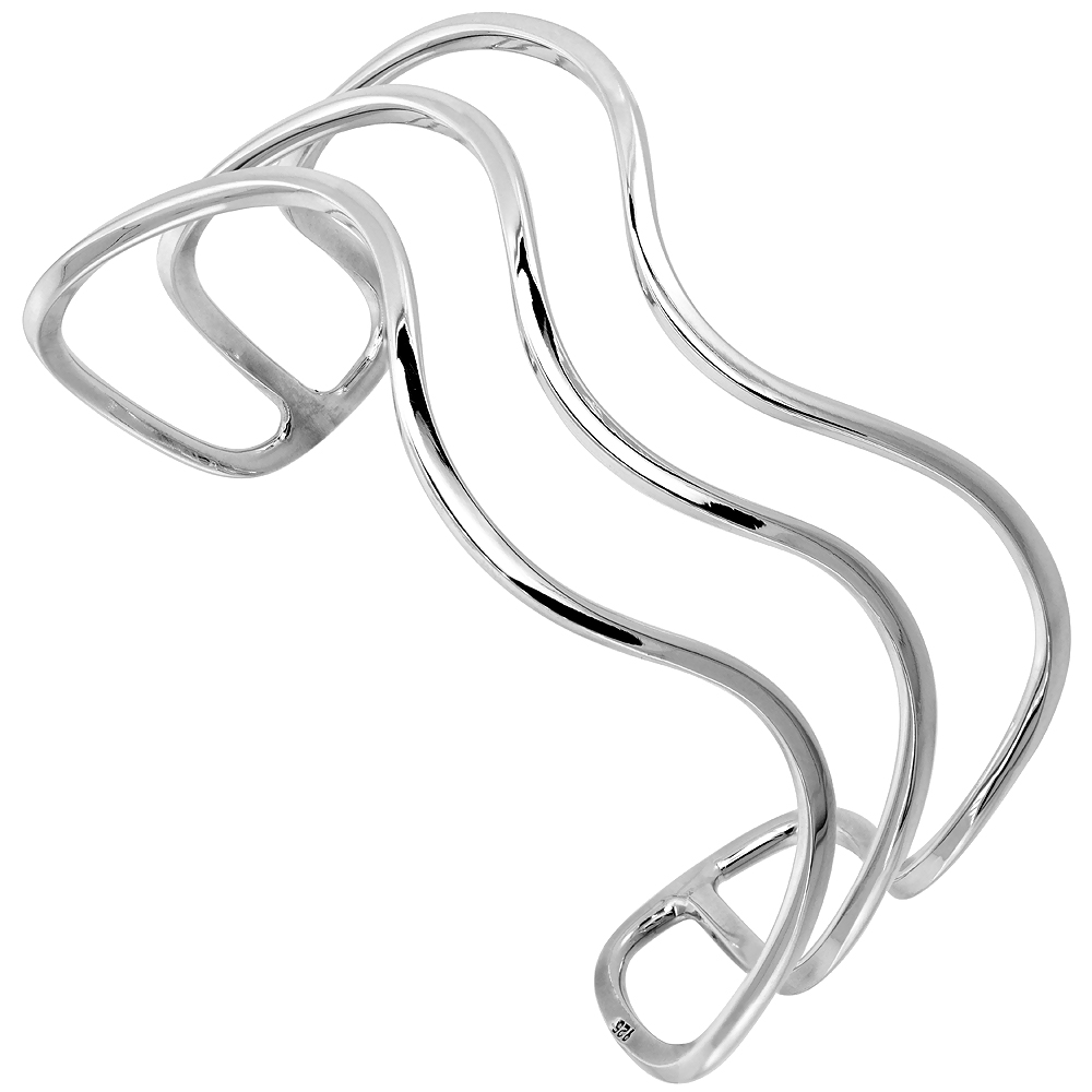 STERLING SILVER CUFF BRACELET 3 WIRE WAVE HANDMADE 7.25 INCH