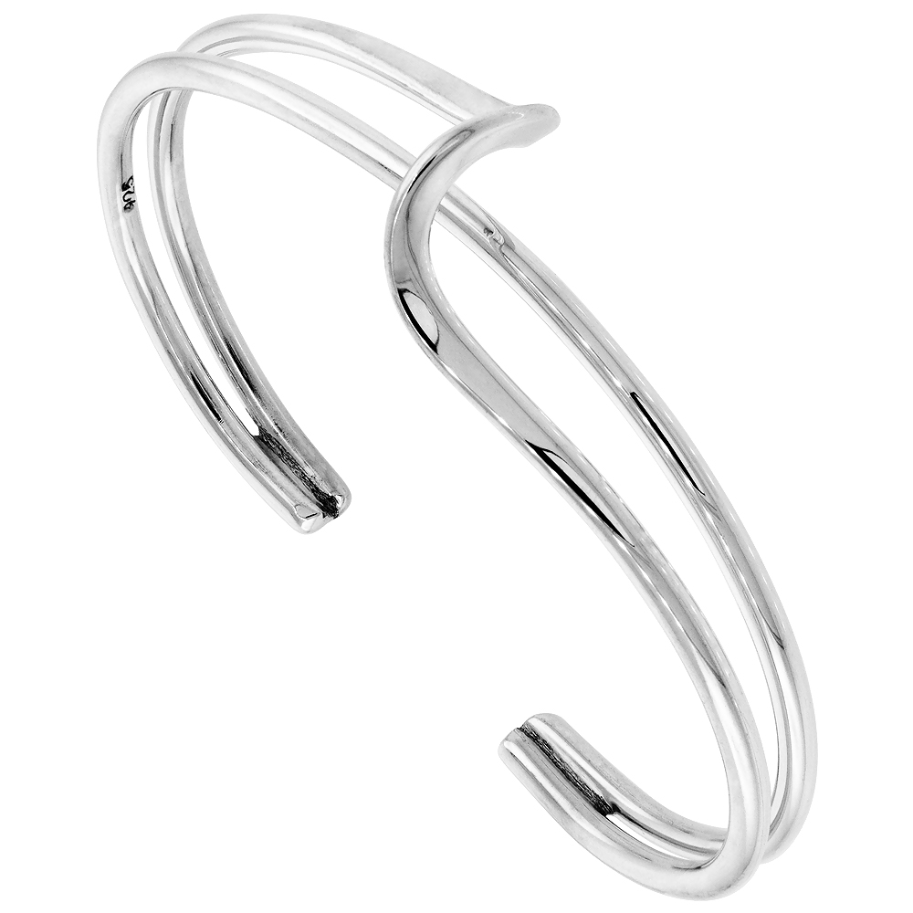 STERLING SILVER CUFF BRACELET DOUBLE WIRE WAVE HANDMADE 7.25 INCH