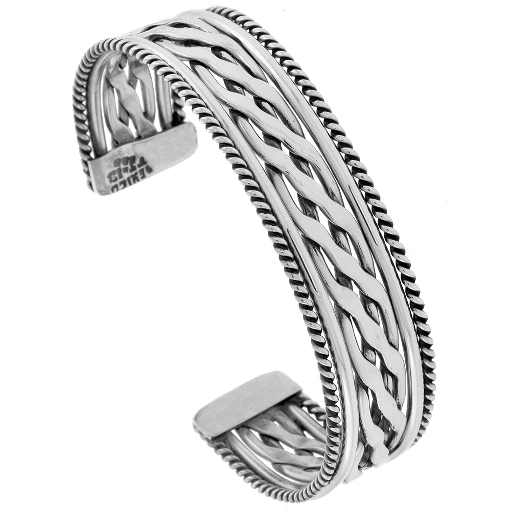 STERLING SILVER ROPE EDGE CUFF BRACELET BRAID WIRE CENTER HANDMADE 7.25 INCH