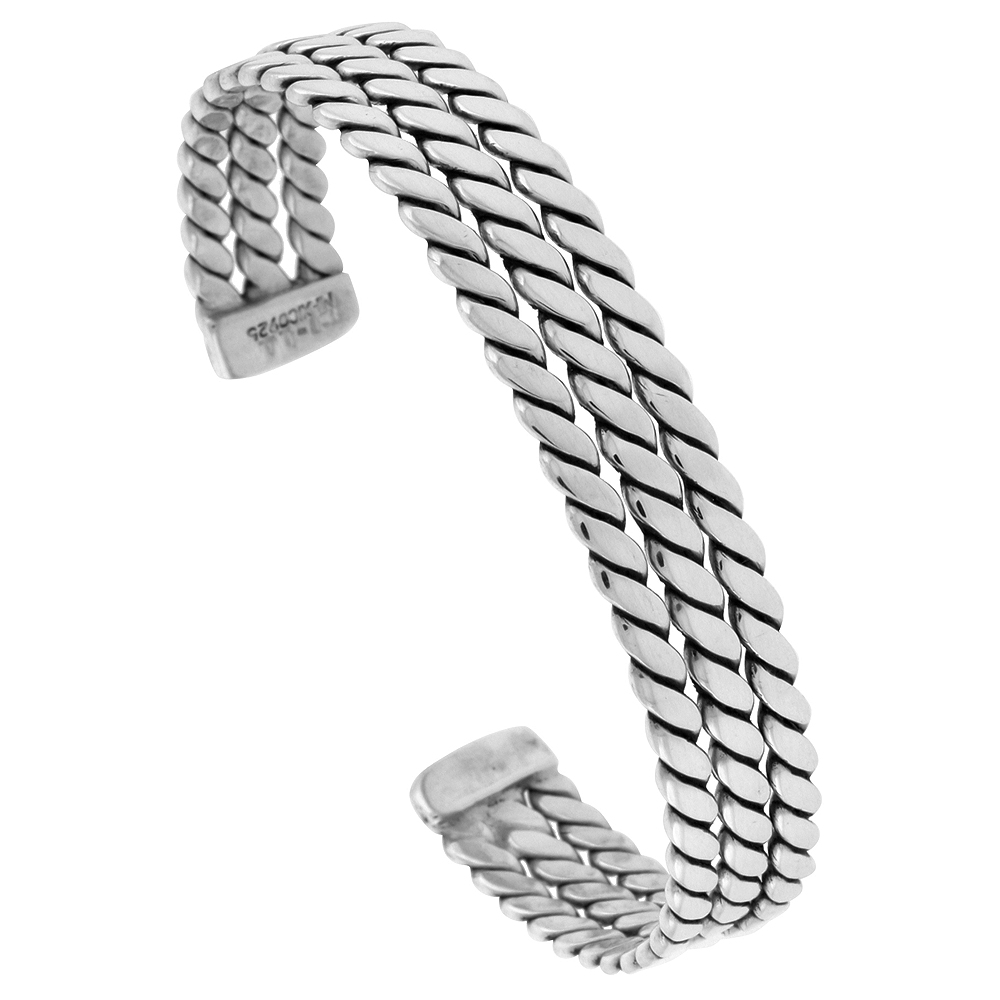 STERLING SILVER TRIPLE ROPE CUFF BRACELET HANDMADE 7.25 INCH