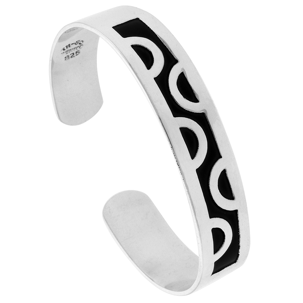 STERLING SILVER CUFF BRACELET FLAT WITH SEMI CIRCLE MOTIFS HANDMADE 7.25 INCH