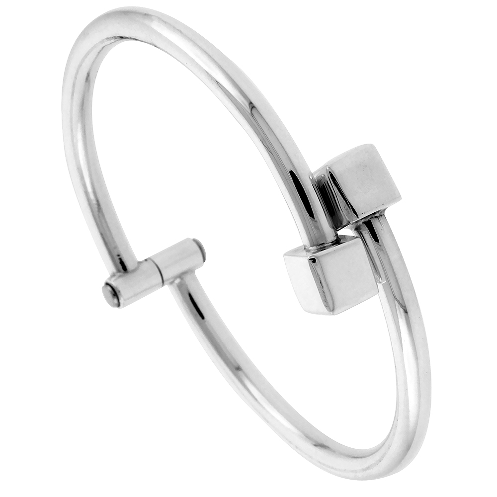 STERLING SILVER CUBE ENDS BANGLE BRACELET HINGED HANDMADE 7.25 INCH