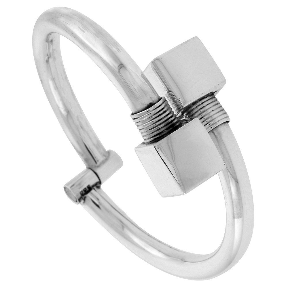 STERLING SILVER CUBE ENDS BANGLE BRACELET WIRE WRAPPED HINGED HANDMADE 7.25 INCH