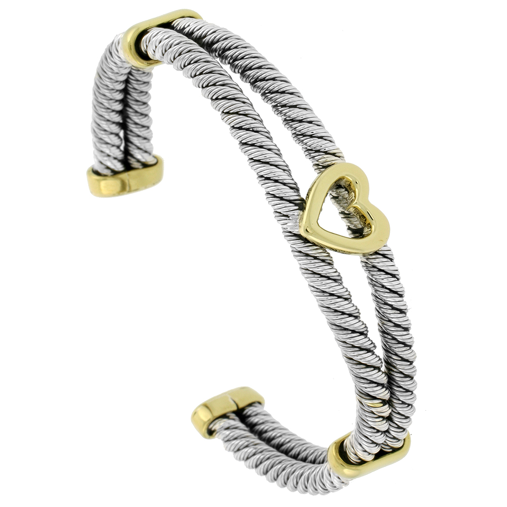 STERLING SILVER & BRASS DOUBLE CABLE CUFF BRACELET HEART CENTER 1/2 INCH WIDE