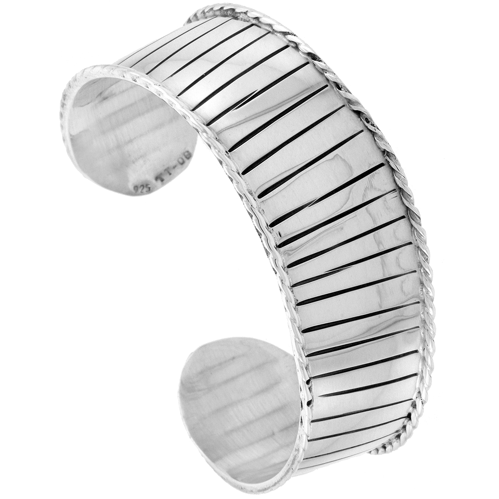 STERLING SILVER CUFF BRACELET WITH HORIZONTAL STRIPES ROPE EDGE HANDMADE 7.25 INCH