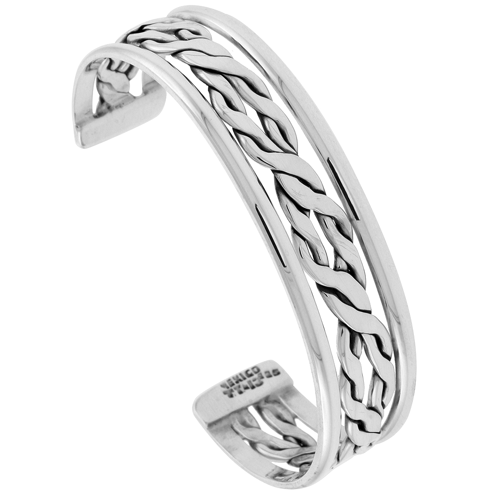 STERLING SILVER FLAT ROPE CUFF BRACELET HANDMADE 7.25 INCH