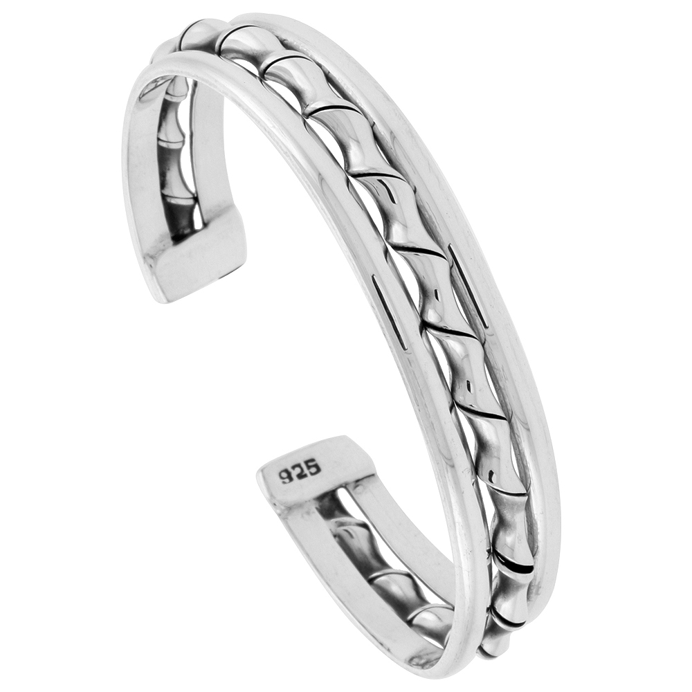 STERLING SILVER BAMBOO ROPE CUFF BRACELET HANDMADE 7.25 INCH