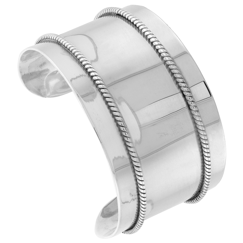 STERLING SILVER CUFF BRACELET FLAT WITH ROPE WIRE STRIPES HANDMADE 7.25 INCH