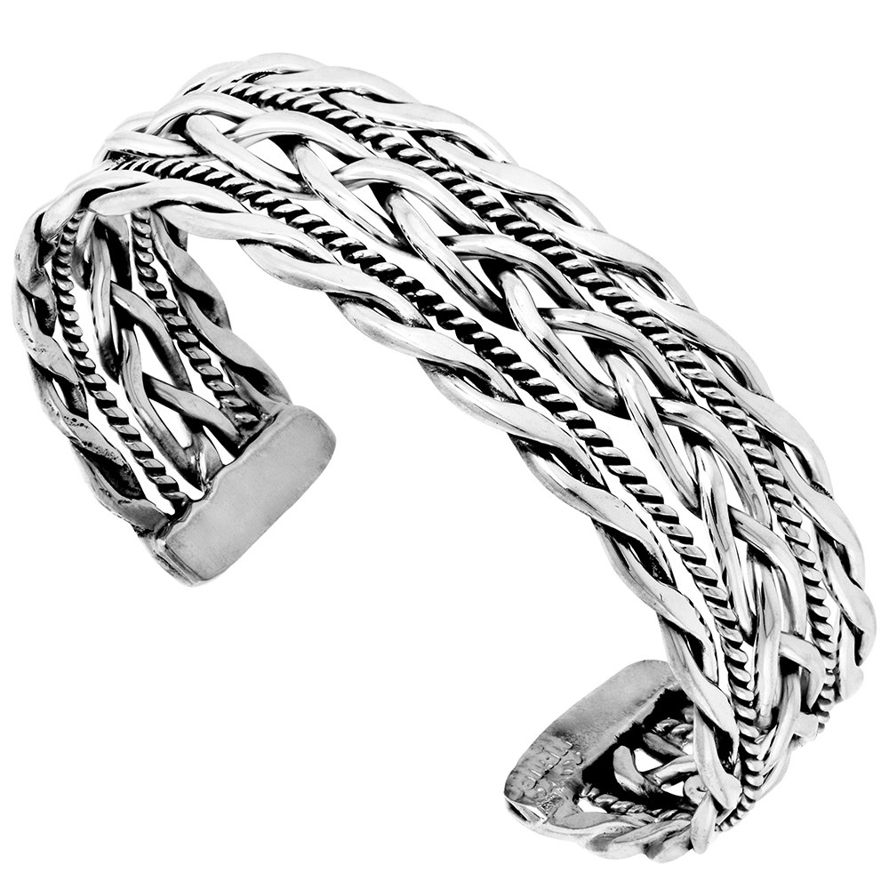 STERLING SILVER CUFF BRACELET TWISTED AND BRAIDED WIRE HANDMADE 7.25 INCH