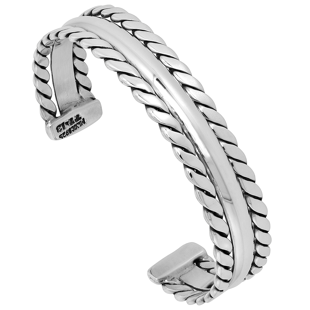 STERLING SILVER CUFF BRACELET TWISTED WIRE WITH DOME CENTER HANDMADE 7.25 INCH
