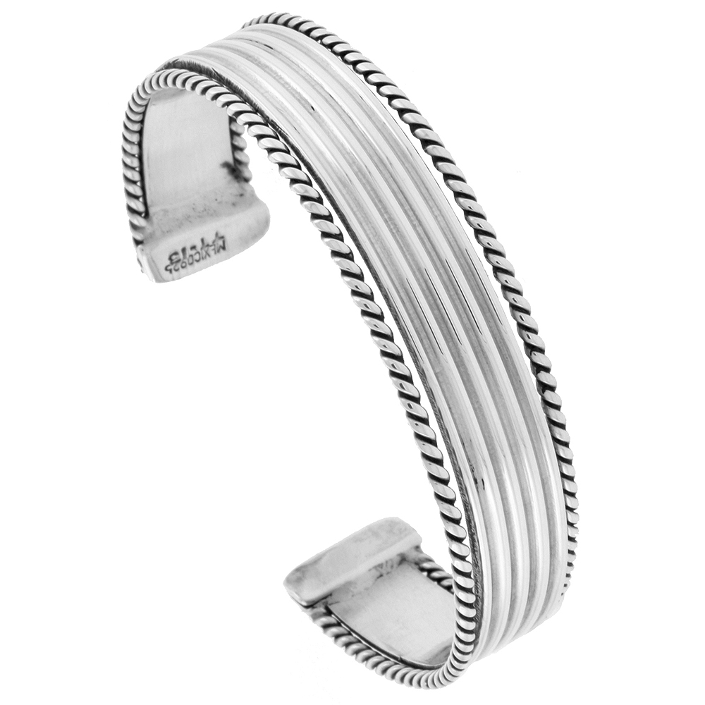 STERLING SILVER CUFF BRACELET RIBBED SURFACE WITH ROPE EDGES HANDMADE 7.25 INCH