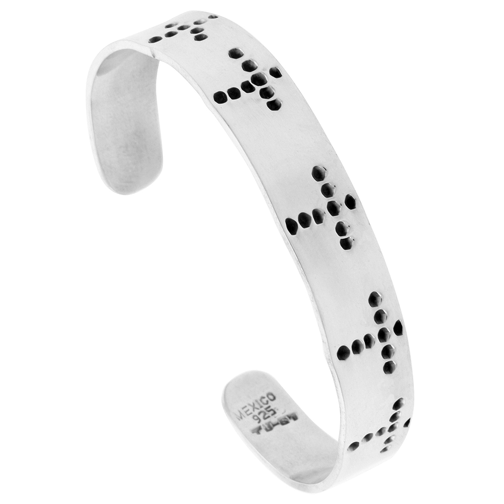 STERLING SILVER CUFF BRACELET DOTTED CROSSES HANDMADE 7.25 INCH