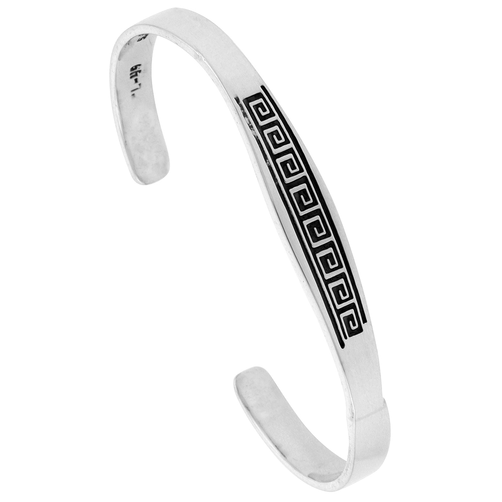 STERLING SILVER CUFF BRACELET GREEK KEY MOTIF HANDMADE 7.25 INCH