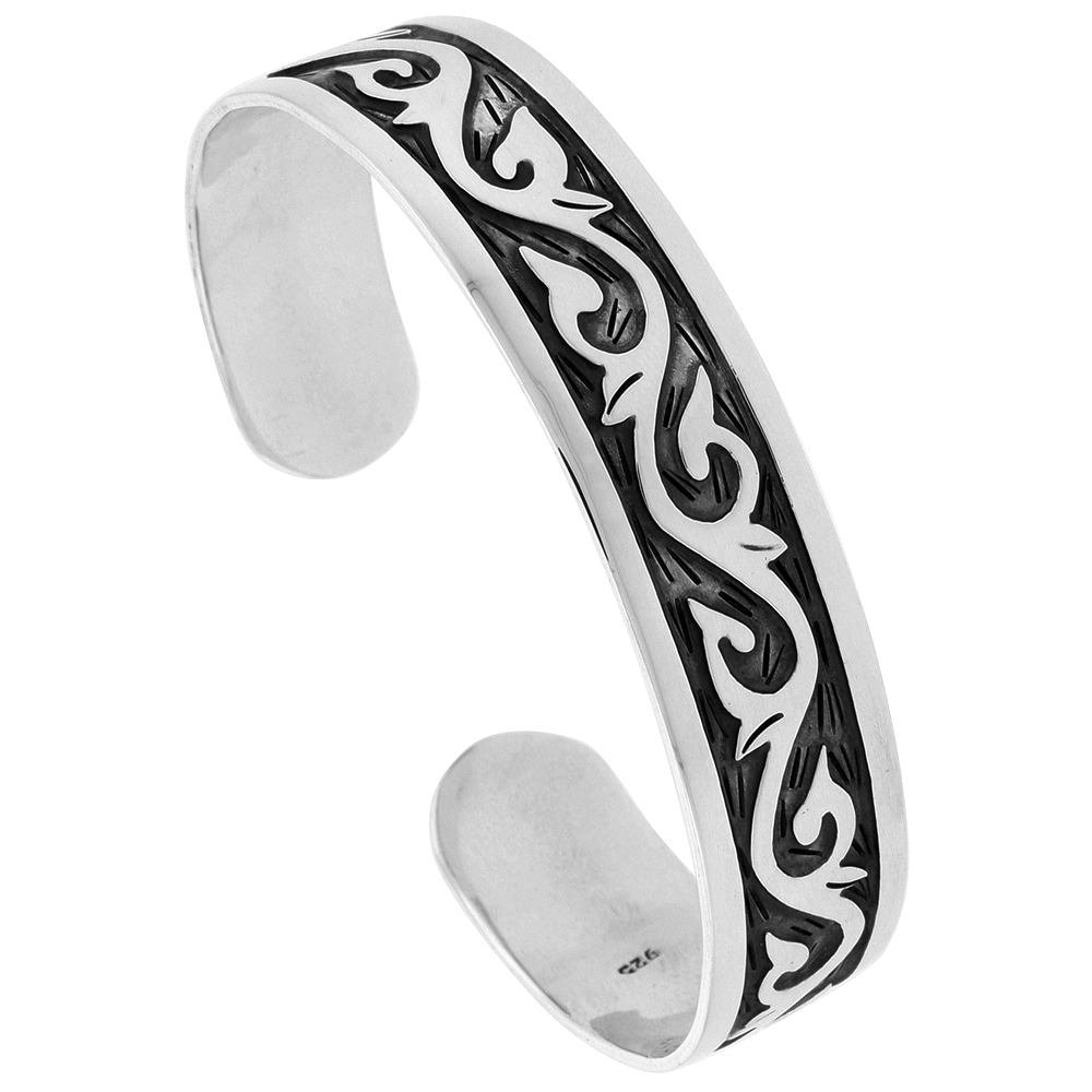 STERLING SILVER CUFF BRACELET VINE MOTIF HANDMADE 7.25 INCH