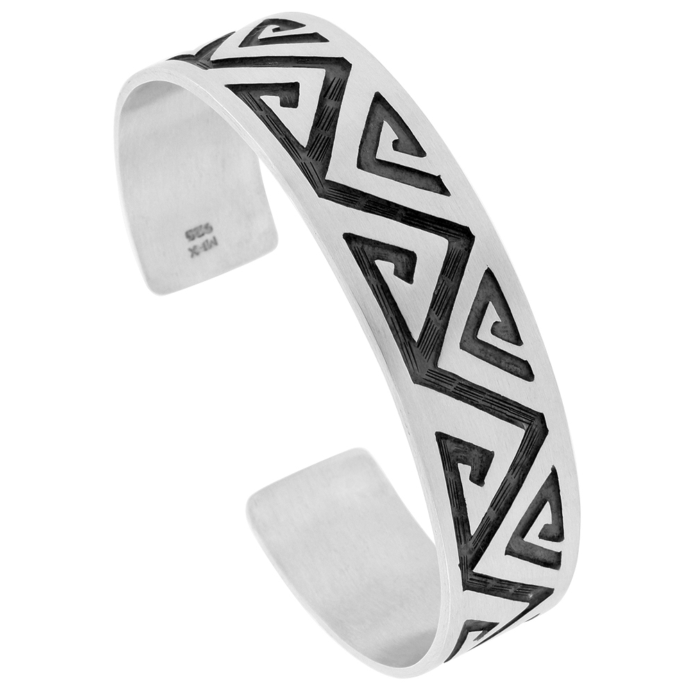 STERLING SILVER ZIGZAG WATER SYMBOL CUFF BRACELET FOR WOMEN SOUTHWESTERN HOPI DESIGN HANDMADE OVERLAY TECHNIQUE (16MM) 5/8 INCH WIDE