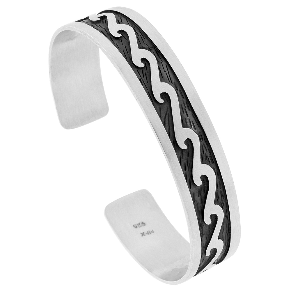 STERLING SILVER WAVE DESIGN CUFF BRACELET FOR WOMEN SOUTHWESTERN HOPI DESIGN OVERLAY TECHNIQUE HANDMADE (14MM) 9/16 INCH WIDE