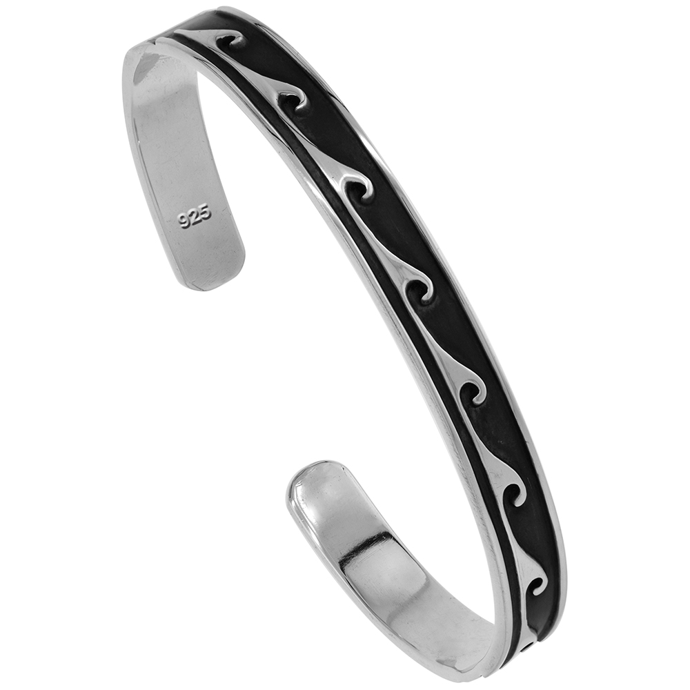 STERLING SILVER FINE WAVE DESIGN CUFF BRACELET FOR WOMEN OXIDIZED FINISH SOUTHWESTERN HOPI DESIGN HANDMADE (10MM) 3/8 INCH WIDE