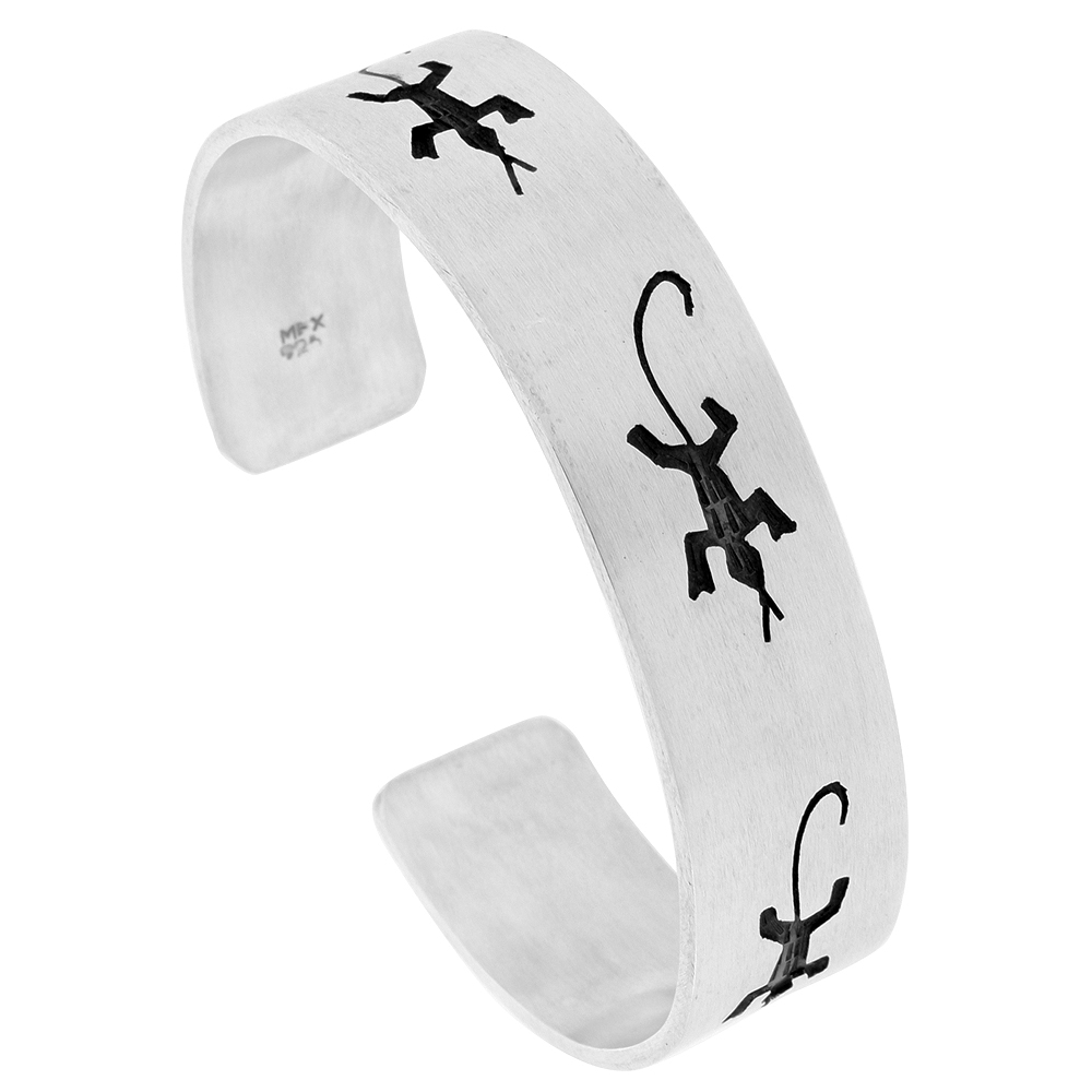 STERLING SILVER GECKO CUFF BRACELET FOR WOMEN SOUTHWESTERN HOPI DESIGN OVERLAY TECHNIQUE OXIDIZED FINISH HANDMADE (15MM) 9/16 INCH WIDE