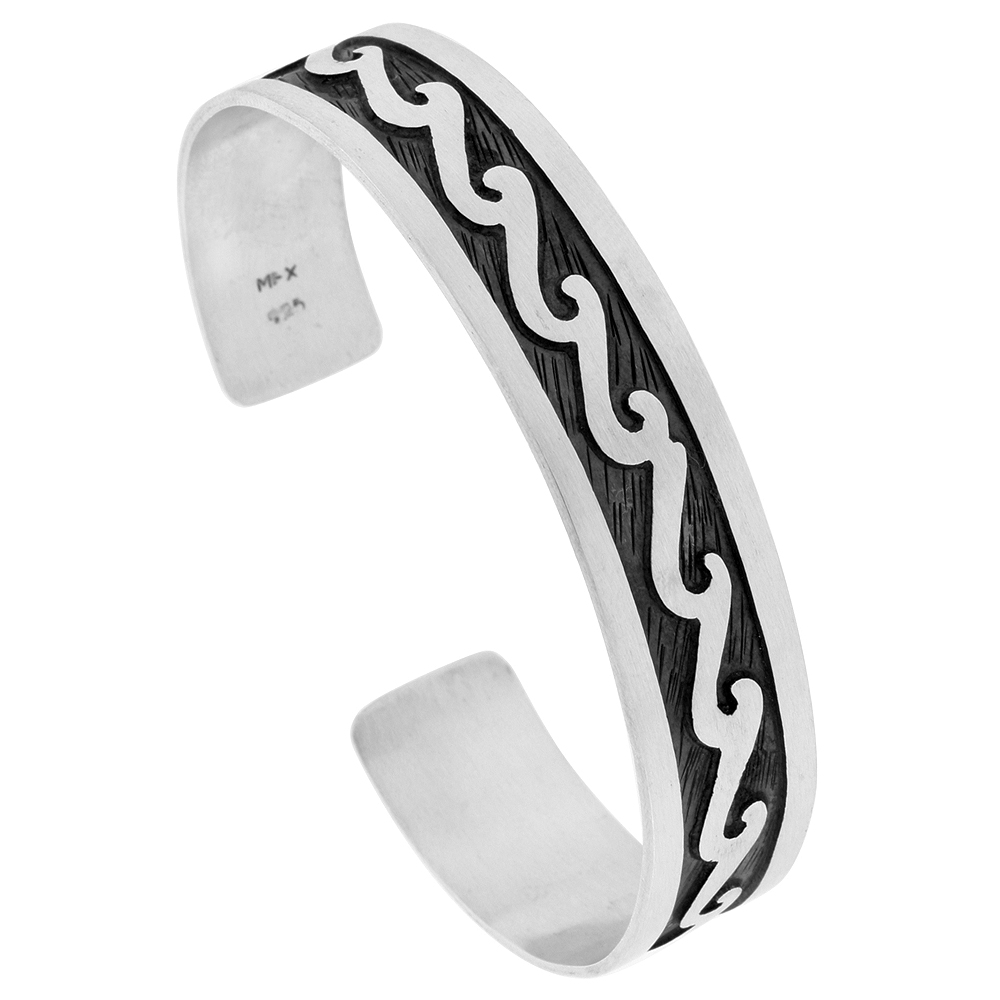 STERLING SILVER WAVE CUFF BRACELET FOR WOMEN SOUTHWESTERN HOPI DESIGN OVERLAY TECHNIQUE OXIDIZED FINISH HANDMADE (11MM) 7/16 INCH WIDE