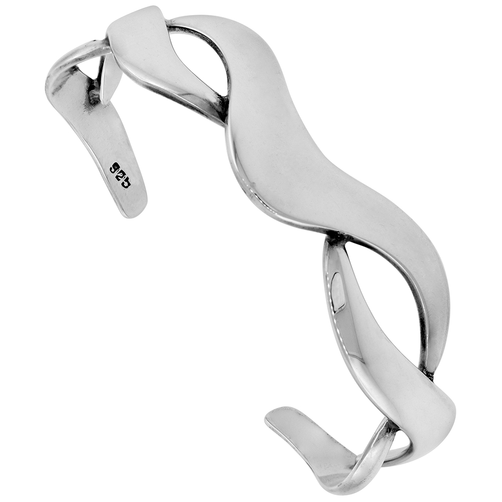 STERLING SILVER INTERTWINED WIDE CUFF BRACELET FOR WOMEN HANDMADE HIGH POLISHED FINISH (36MM) 1 1/2 INCH WIDE