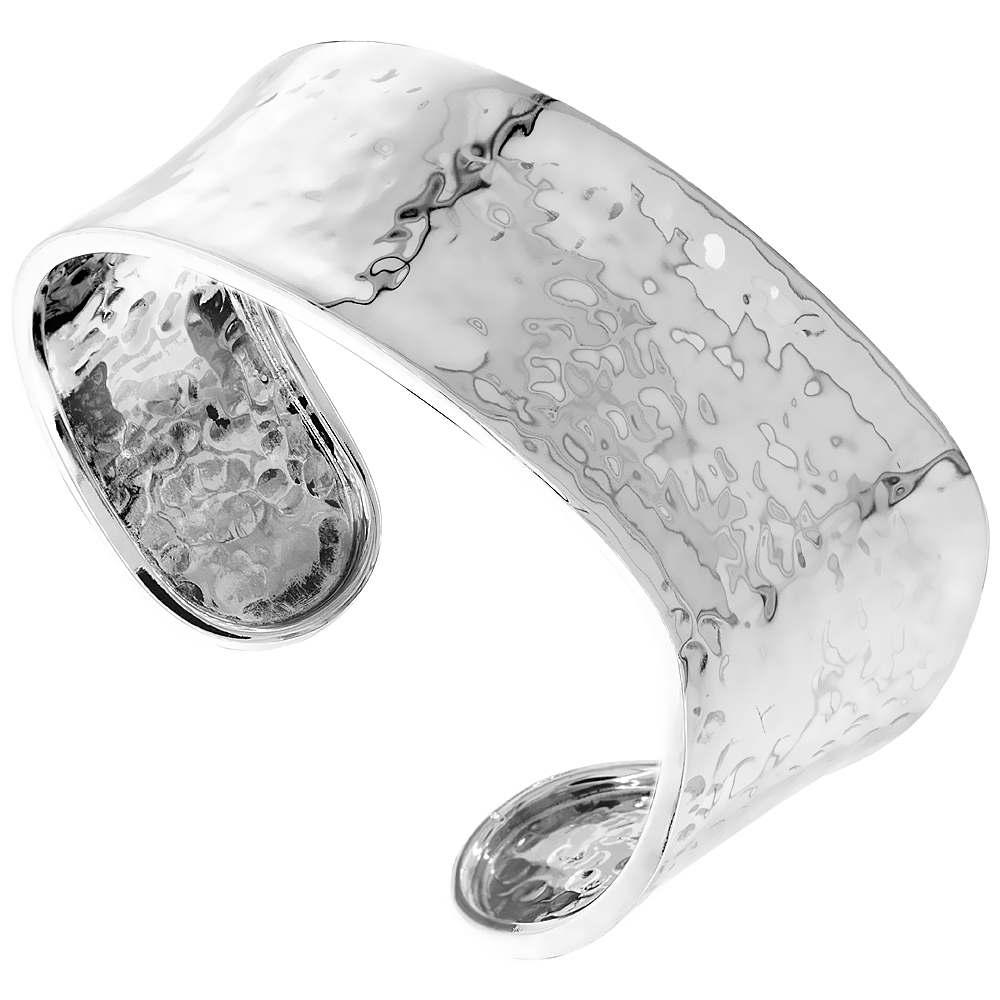 STERLING SILVER HAMMERED WAVY CUFF BRACELET FOR WOMEN HIGH POLISHED FINISHED HANDMADE (20MM) 13/16 INCH WIDE