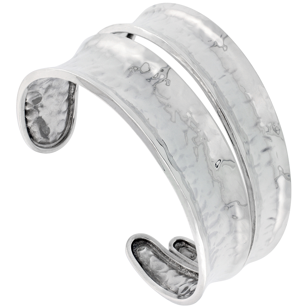 STERLING SILVER DOUBLE WIDE CUFF BRACELET FOR WOMEN CONCAVED OPEN CENTER HAMMERED FINISH HANDMADE (39MM) 1 9/16 INCH WIDE