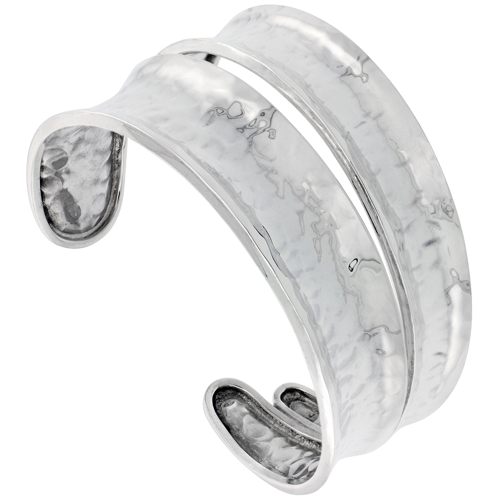 Sterling Silver Double Wide Cuff Bracelet for Women Concaved Open Center Hammered finish Handmade (39mm) 1 9/16 inch wide