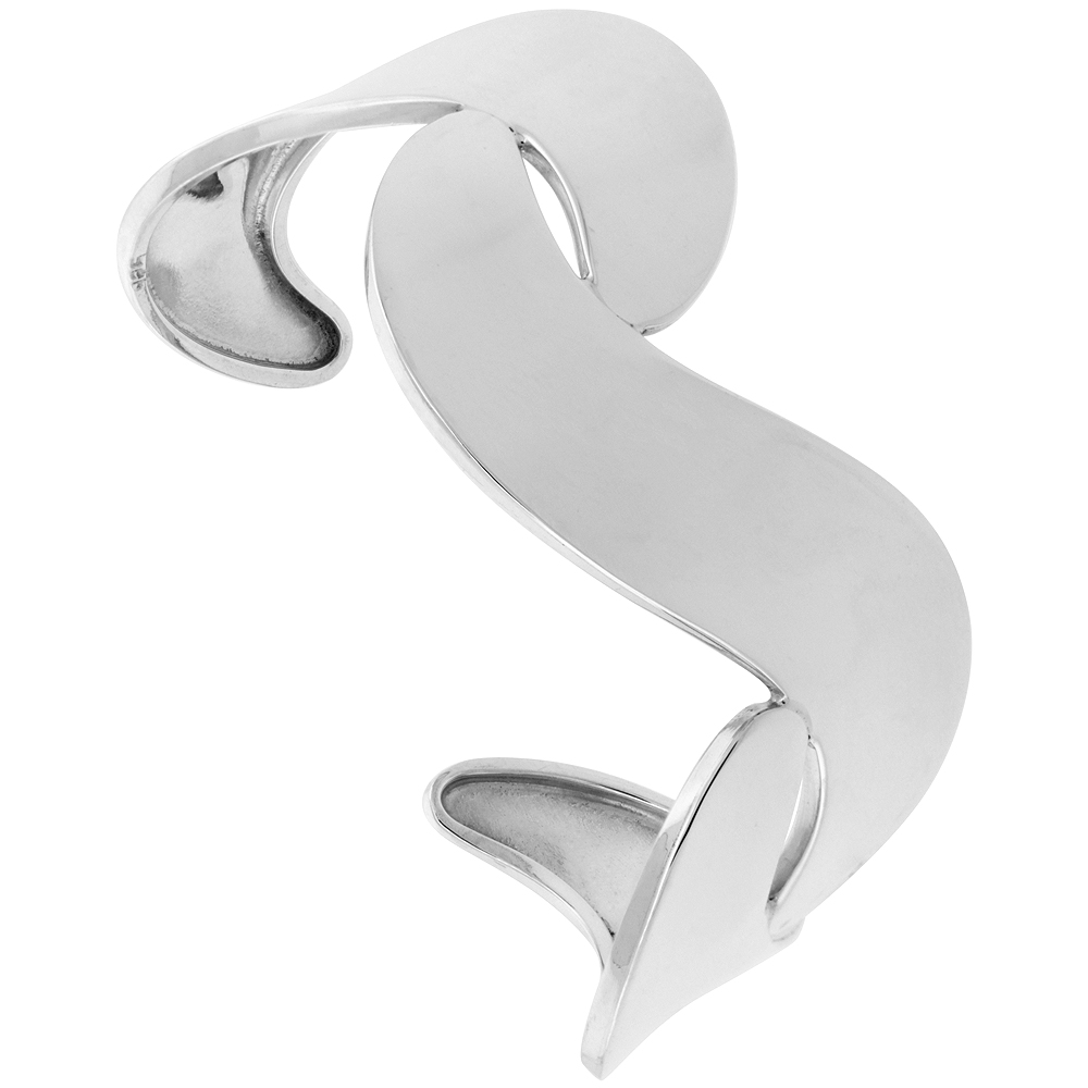 STERLING SILVER FLAT WIDE S-CURVES CUFF BRACELET FOR WOMEN HIGH POLISHED FINISH HANDMADE (36MM) 1 7/16 INCH WIDE