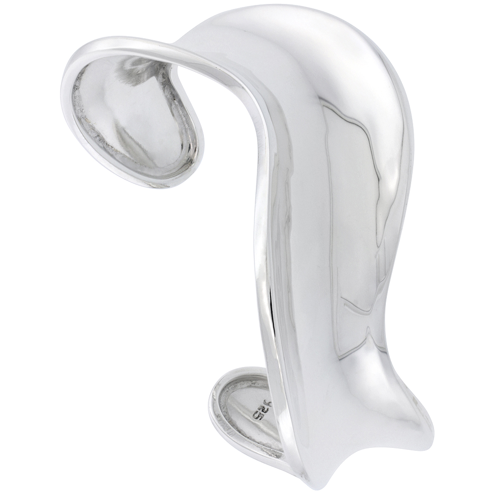 STERLING SILVER CONCAVED WAVY CUFF BRACELET FOR WOMEN HIGH POLISHED HANDMADE (21MM) 13/16 INCH WIDE