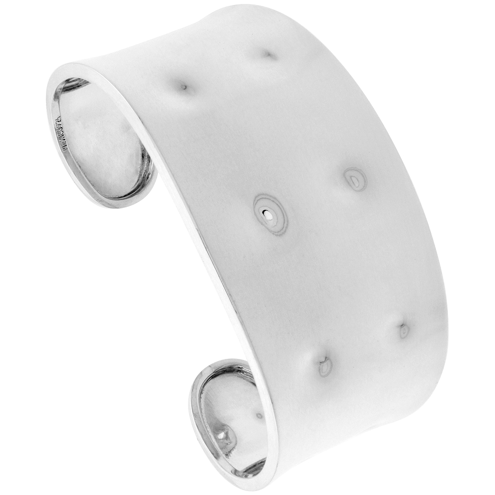 STERLING SILVER WIDE FLAT DIMPLED CUFF BRACELET FOR WOMEN HIGH POLISHED HANDMADE (35MM) 1 3/8 INCH WIDE